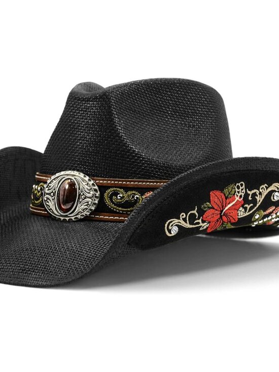 Women\'s Black Straw Western Embroidered Imported Canvas Paper Cowgirl Hat